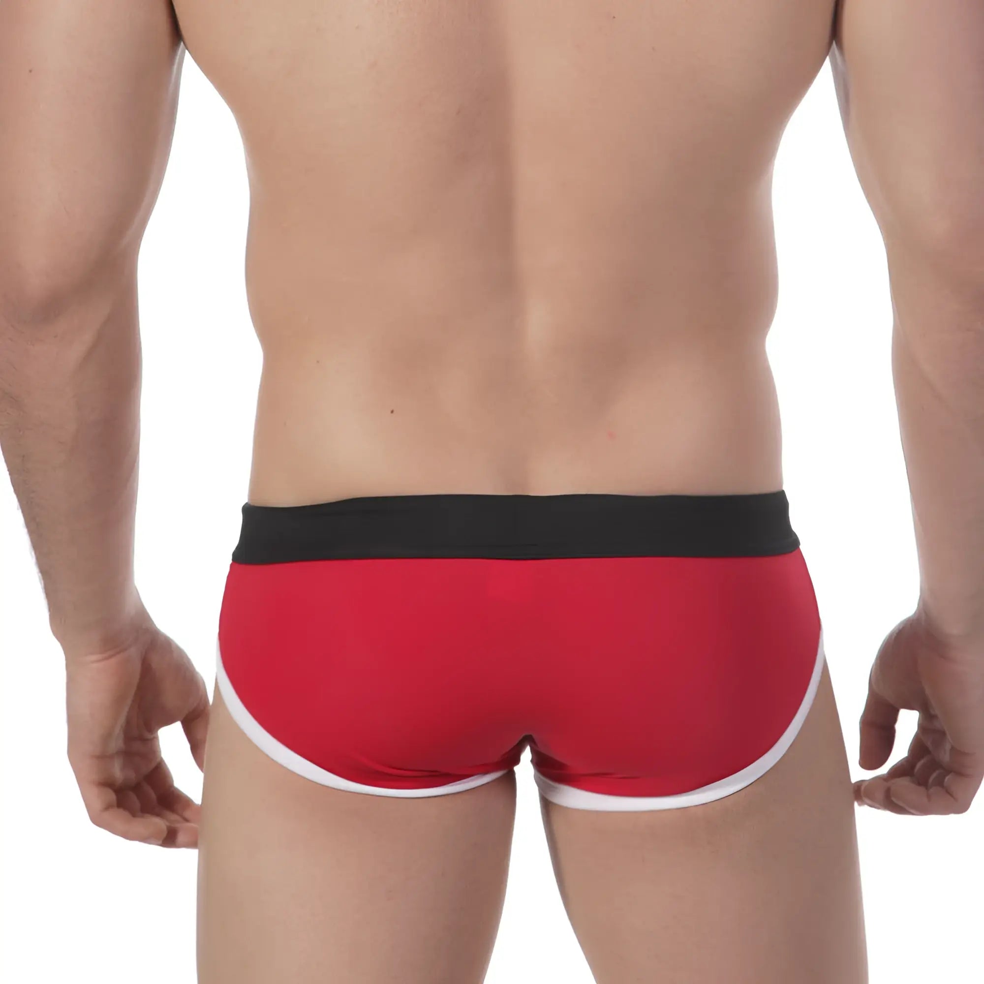 Red briefs metroMalewear victory swim brief 4916-79 with black waistband and white trim for swimming use