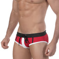 MetroMalewear victory swim brief 4916-79 in red and white with black waistband and matching drawstring for swimming