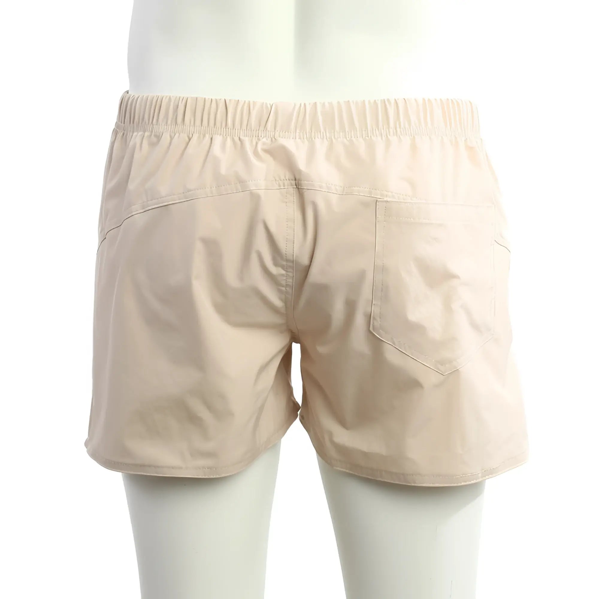 Beige metroMalewear Viena shorts with elastic waistband and single back pocket shown from the back side
