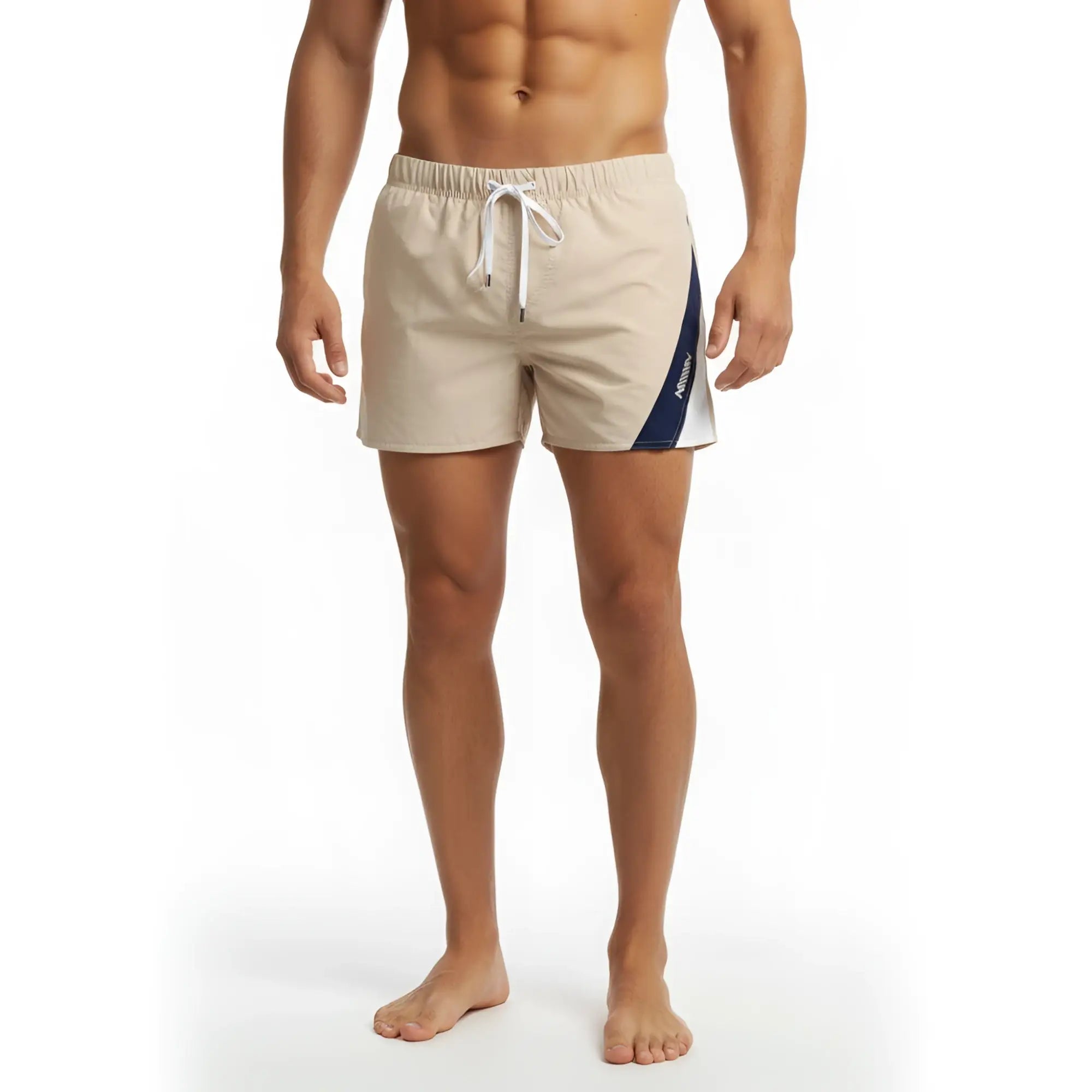 Beige swim trunks metro male wear viena short 4715-04 with navy blue white diagonal stripe and elastic waistband with drawstrings
