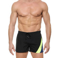 Black swim trunks metroMalewear viena short 4715-20 with neon yellow and navy blue diagonal side stripe