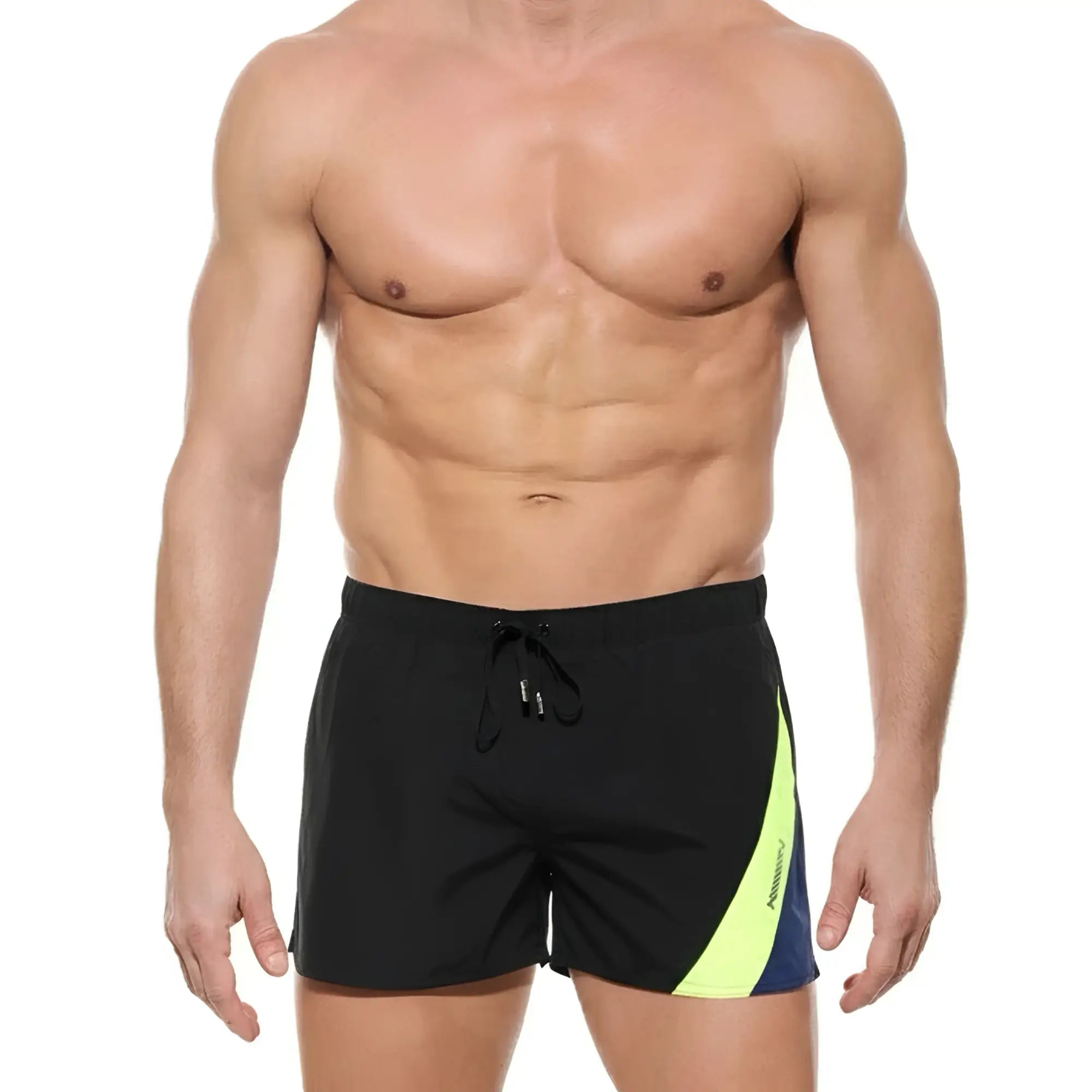 Black swim trunks metroMalewear viena short 4715-20 with neon yellow and navy blue diagonal side stripe