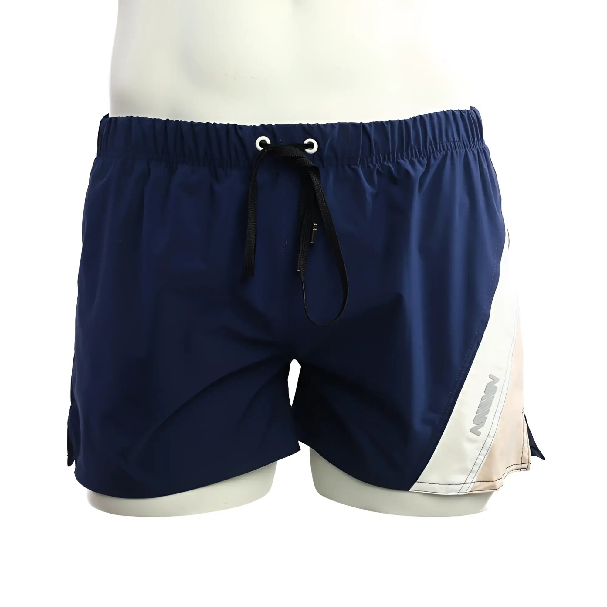 Navy blue and beige athletic swim trunks with drawstring waistband from MetroMaleWear Viena Short 4715-28 product line