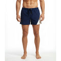 MetroMaleWear Viena short navy swim trunks with white diagonal panel and black drawstring for casual beachwear