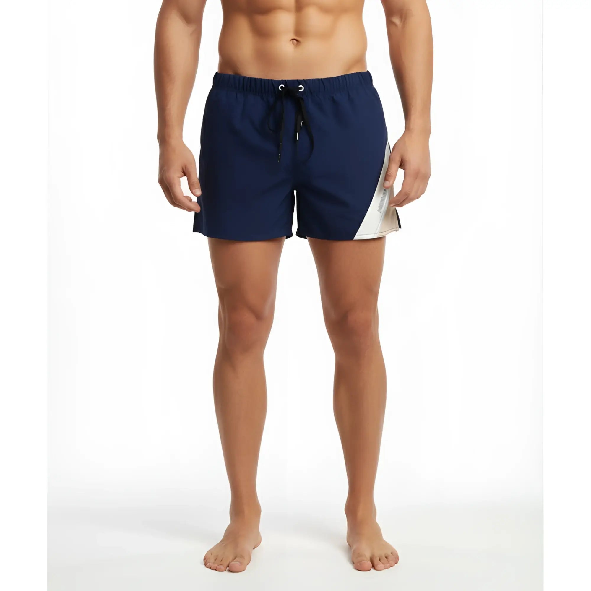 MetroMaleWear Viena short navy swim trunks with white diagonal panel and black drawstring for casual beachwear