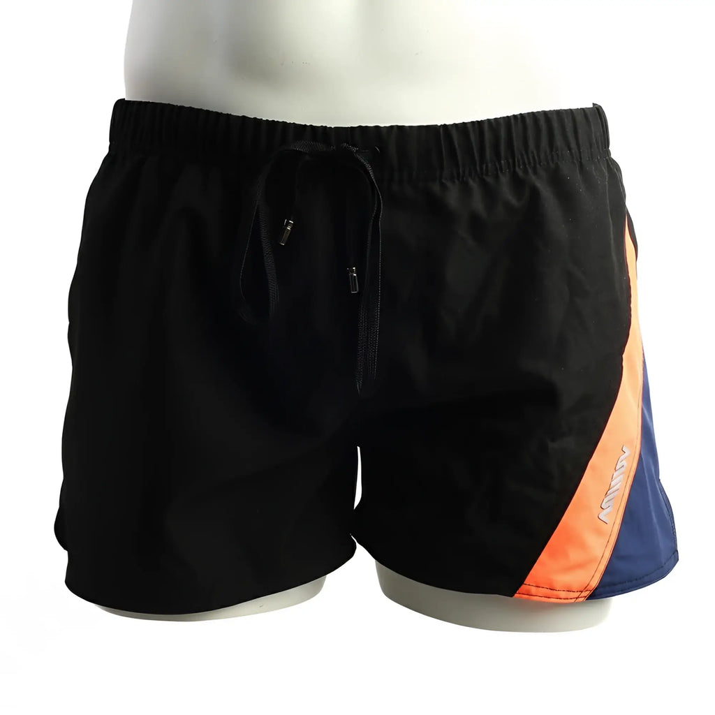 Black swim trunks metroMalewear viena short orange 4715-22 with bold orange and blue diagonal stripe and elastic waistband