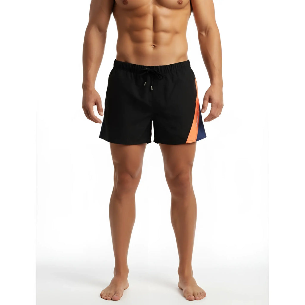 Black swim trunks metroMalewear viena short orange 4715-22 with vibrant orange and blue diagonal stripe on the side