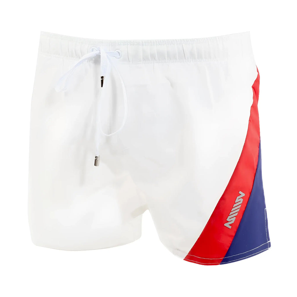 White swim trunks metro malewear viena short featuring bold red and blue diagonal stripe and milly logo