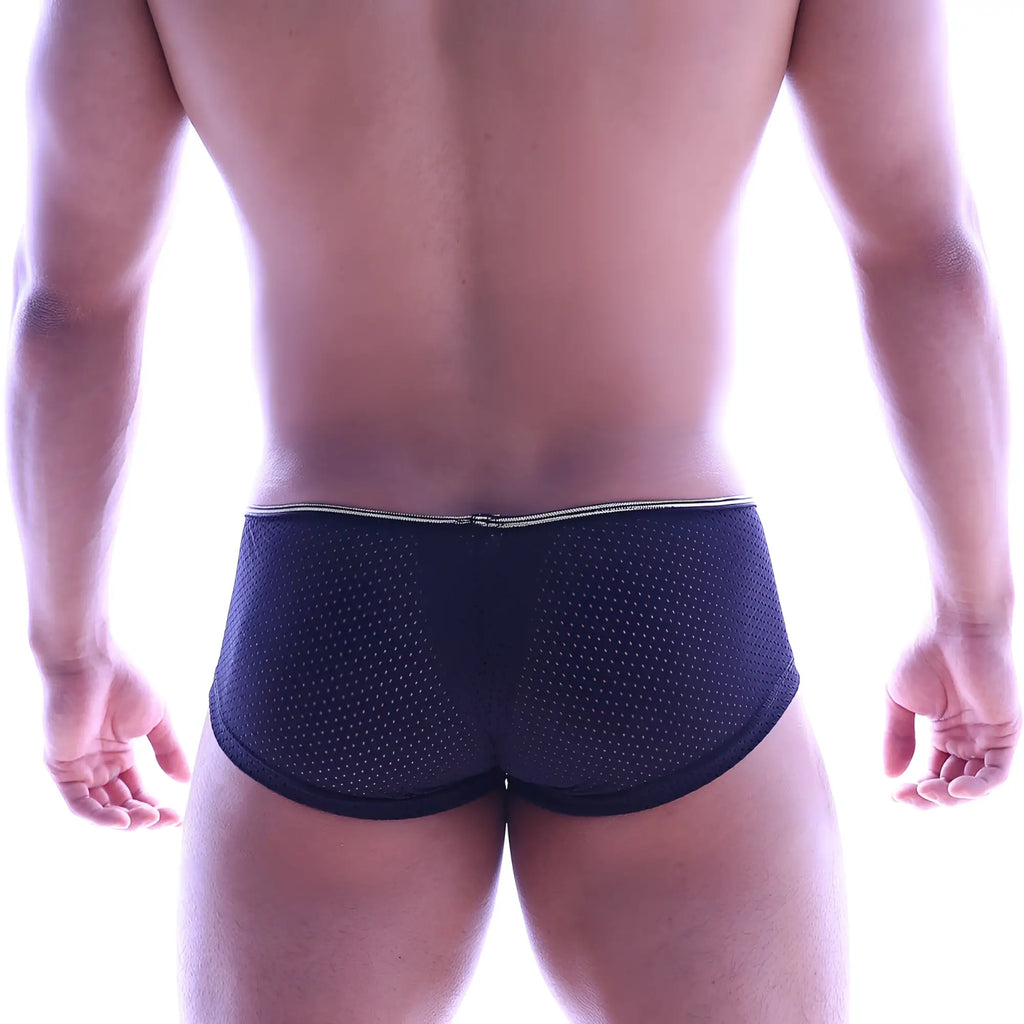 MetroMaleWear vigor trunk black mesh briefs with subtle white trim along the waistband front view