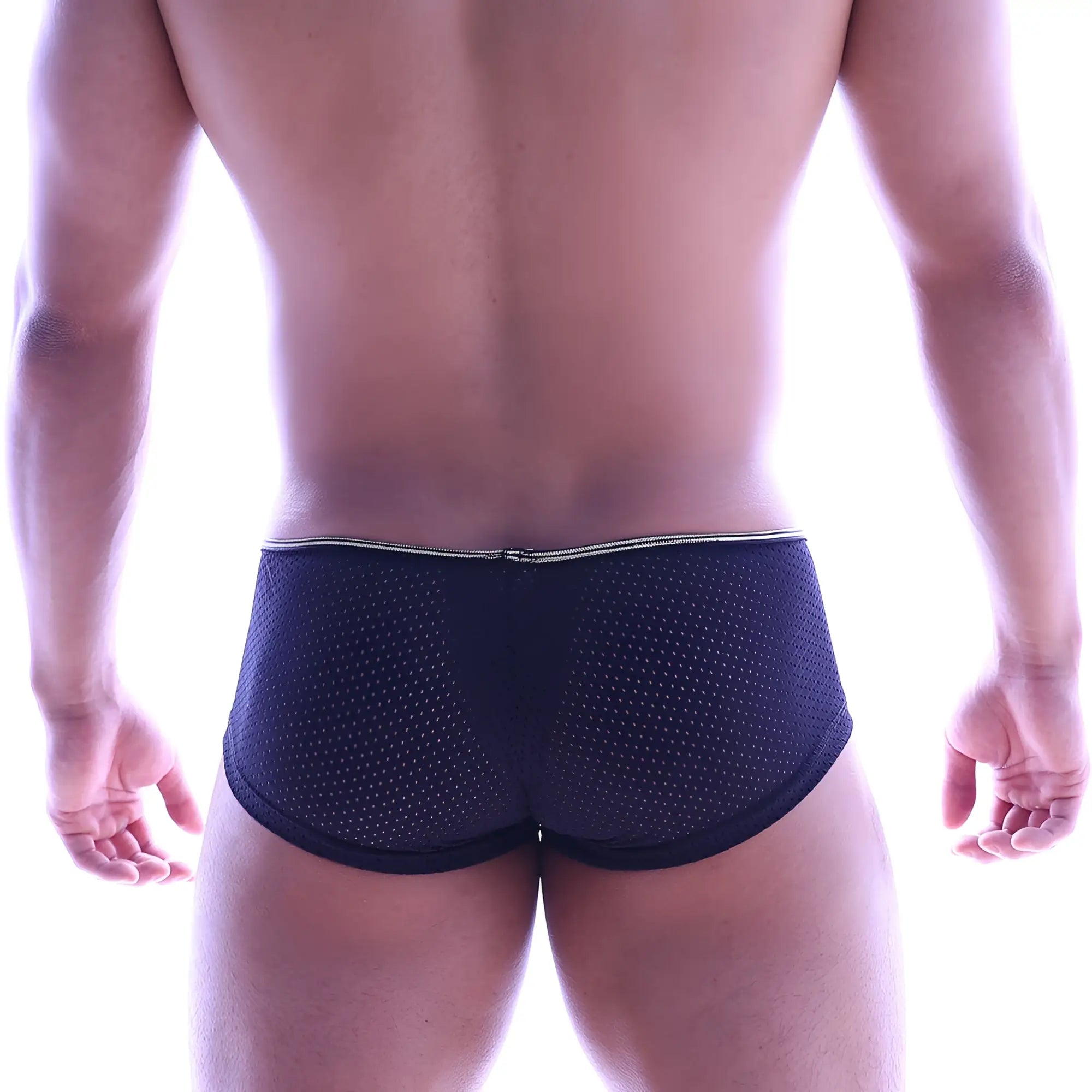 MetroMaleWear vigor trunk black mesh briefs with subtle white trim along the waistband front view