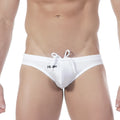 MetroMaleWear vintage white men’s swim trunks with black logo and matching drawstring for stylish beachwear