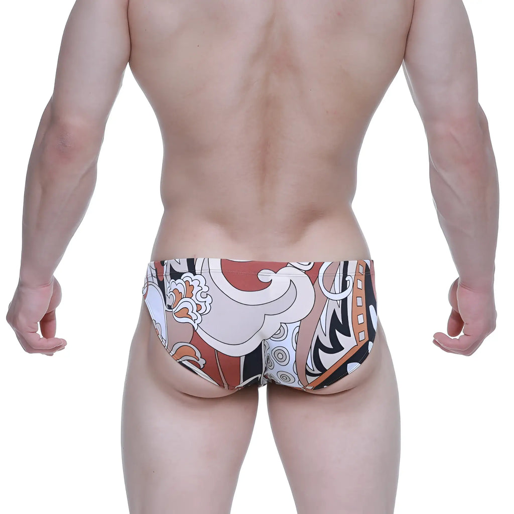MetroMaleWear vivid bikini 5103-m69 men’s swim trunks with bold burnt orange white black and beige abstract pattern