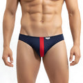 MetroMaleWear volcano thong navy 1322-30 striped swim trunks with navy blue red colors and white brand tag on waistband