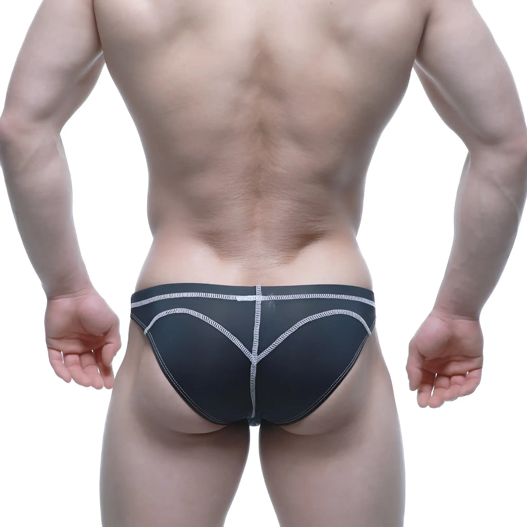Back view of metromalewear wahoo sheer swim bikini black briefs with white heart stitching pattern