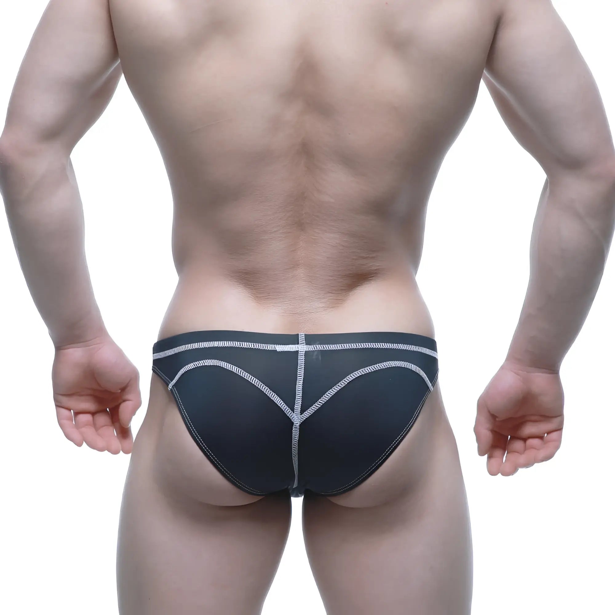 Back view of metromalewear wahoo sheer swim bikini black briefs with white heart stitching pattern