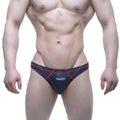MetroMaleWear WAHOO sheer swim bikini in dark blue with red geometric pattern designed for men