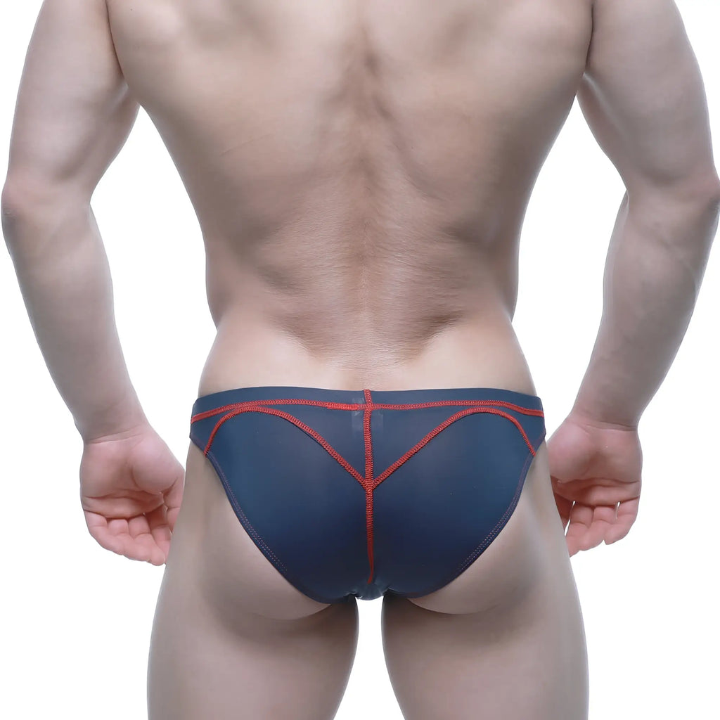 Metro male wear waho sheer swim bikini in dark blue navy briefs with red stitching along the seams and edges