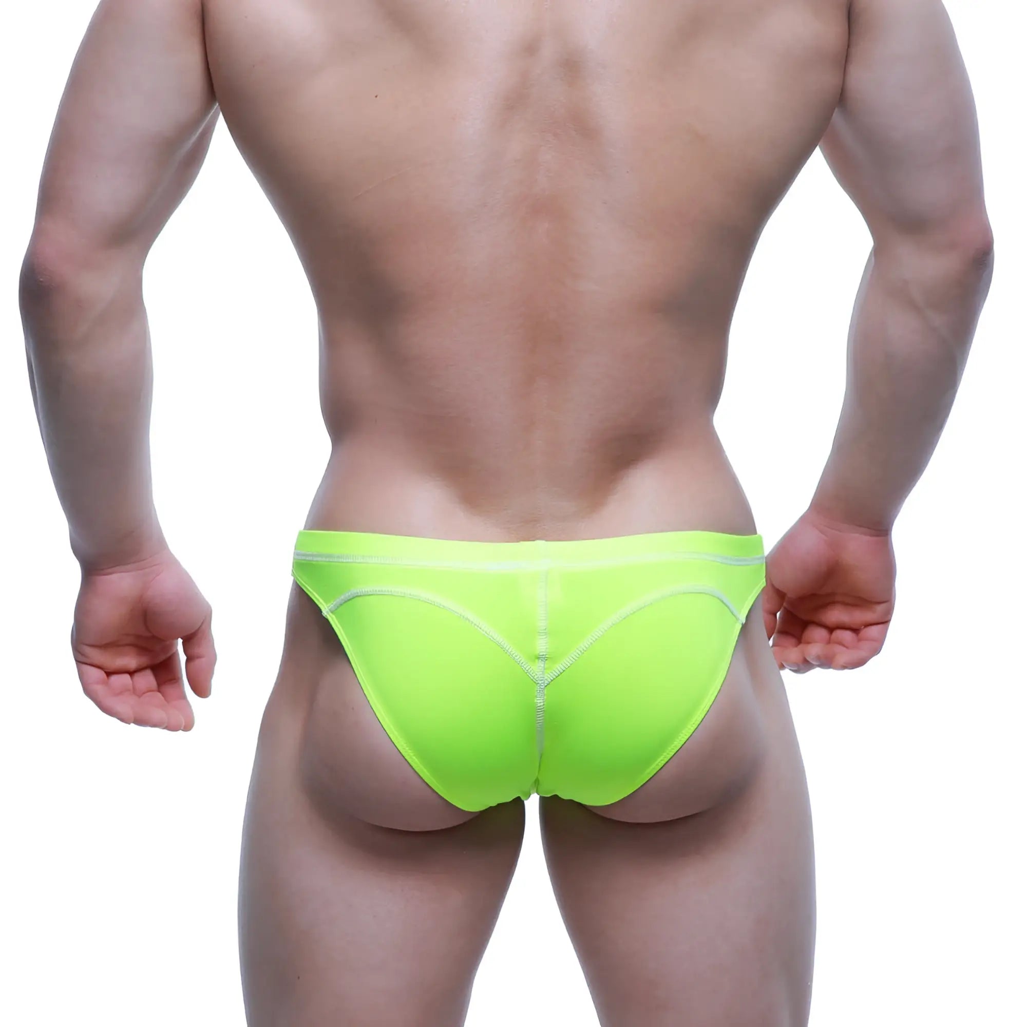 Bright neon green MetroMaleWear WAHOO SHEER swim bikini briefs with white stitching along the seams