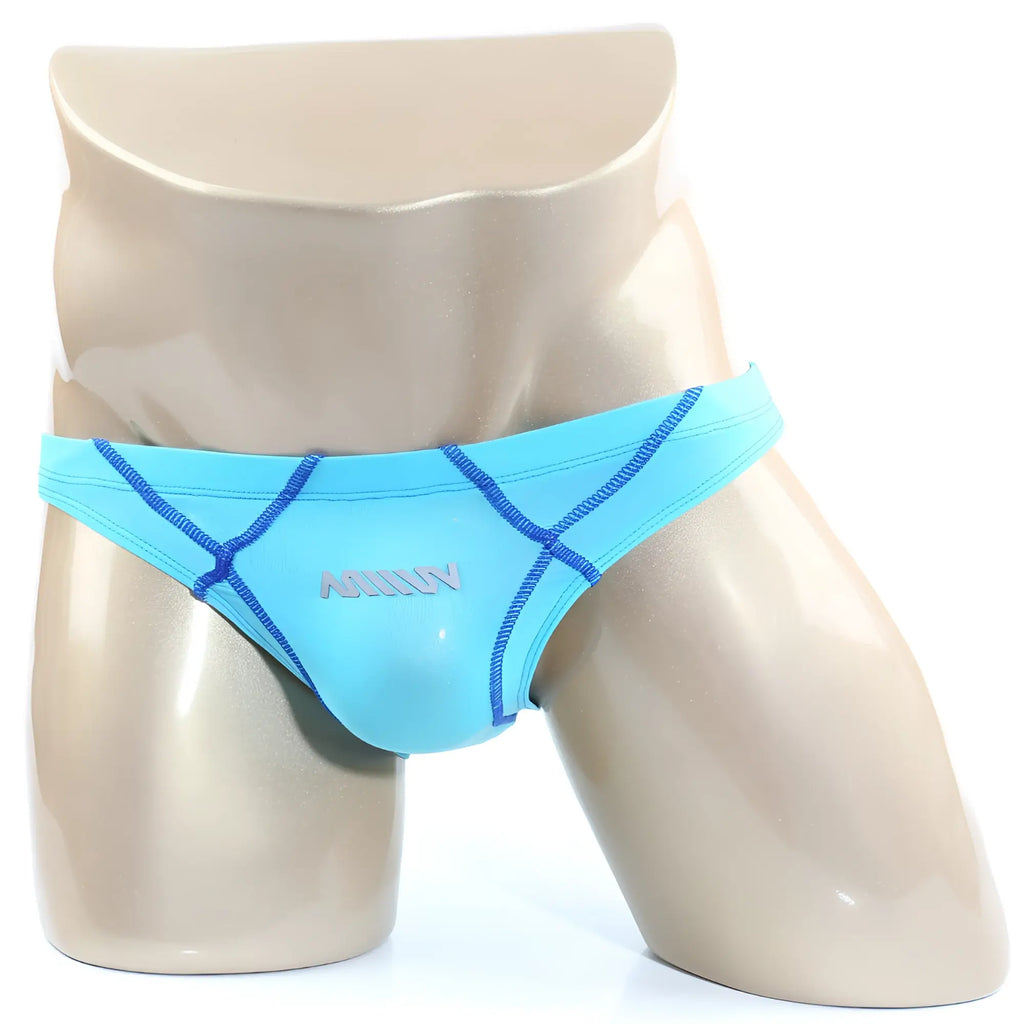 Light blue metroMalewear wahoo sheer swim bikini with navy stitching and subtle logo on the front for men