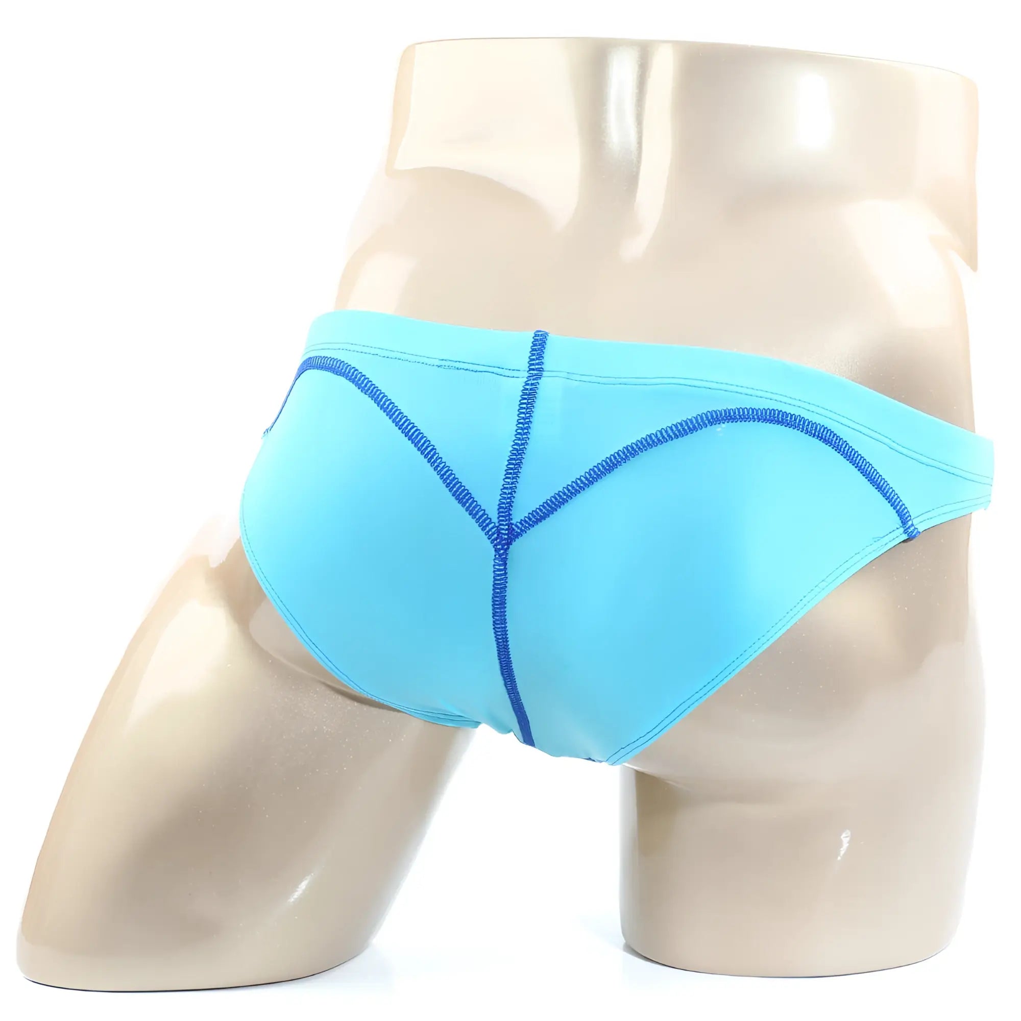 Light blue MetroMaleWear WAHOO SHEER swim bikini with navy blue stitching along seams for stylish beachwear