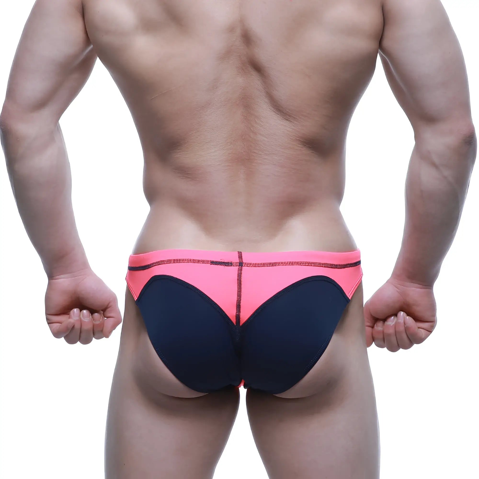 MetroMaleWear WAHOO swim bikini neon pink 4989-02 bright pink and navy blue color-block swim trunks