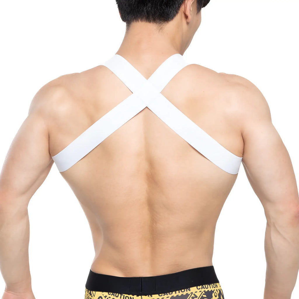 White cross-back athletic support strap worn over the shoulders shown from the back in metro malewear warning harness 1400-62