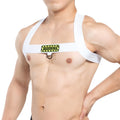 White harness with yellow and black warning patch across the chest from MetroMaleWear model 1400-62 designed for safety and style