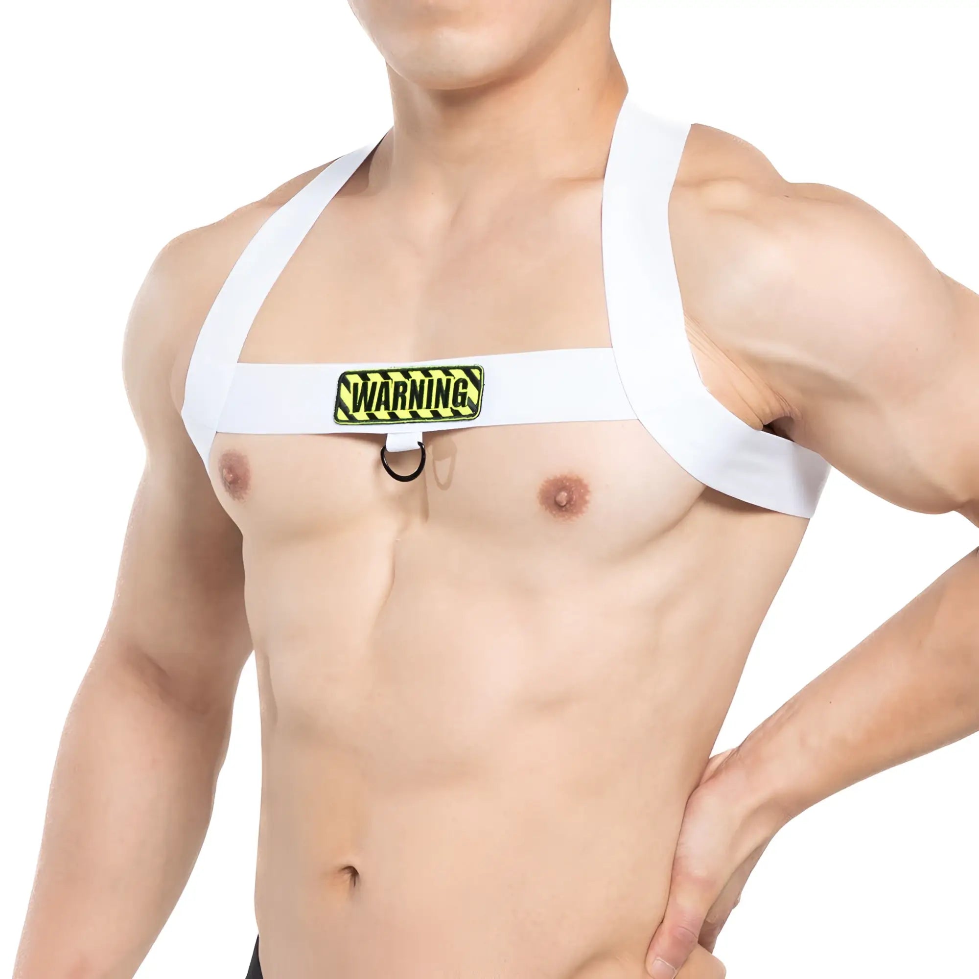 White harness with yellow and black warning patch across the chest from MetroMaleWear model 1400-62 designed for safety and style