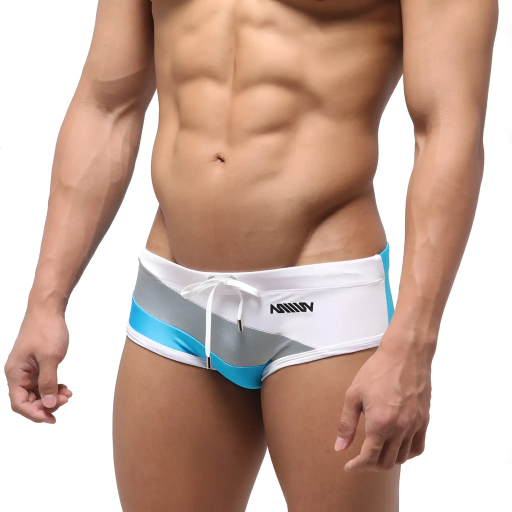 MetroMalewear wave swim brief gray 4918-10 white silver and turquoise striped swim trunks with drawstring waistband