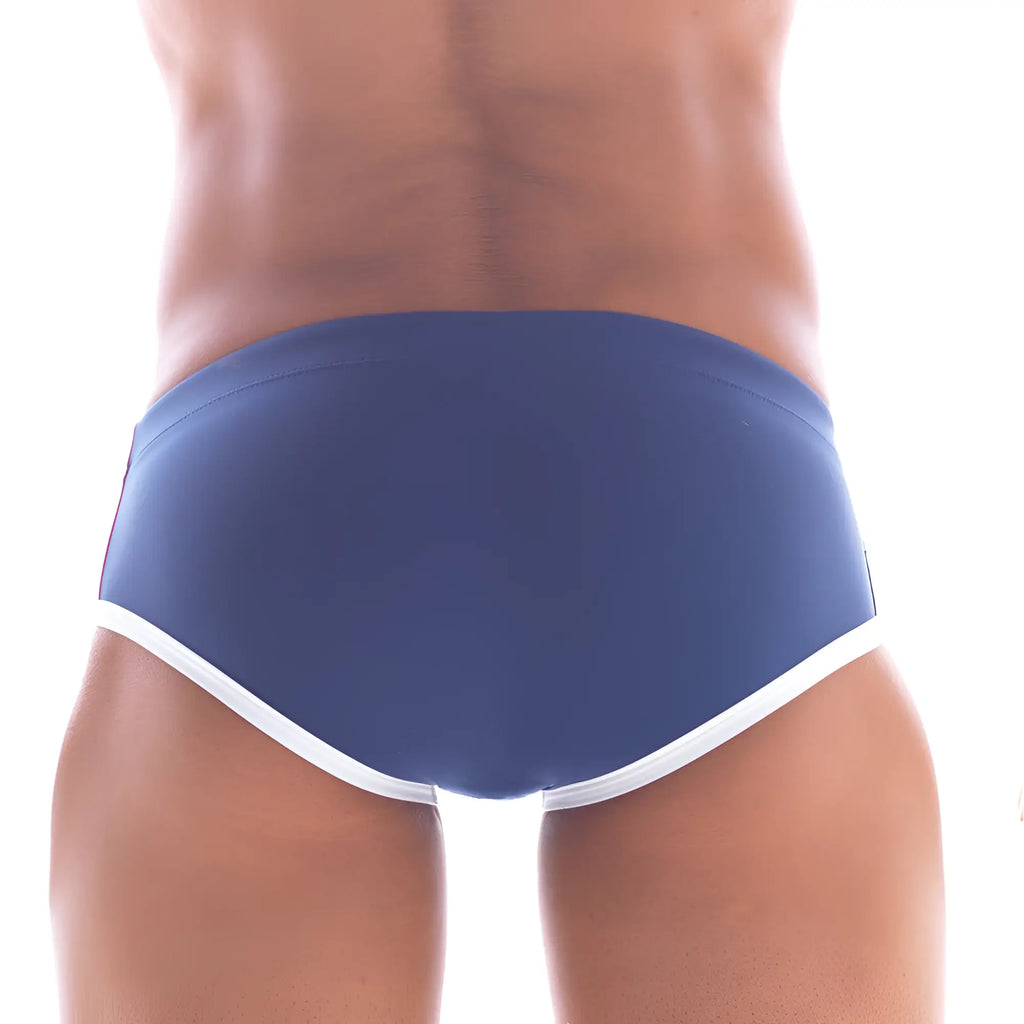 Navy blue MetroMaleWear wave swim brief with white trim designed for comfortable swimwear use