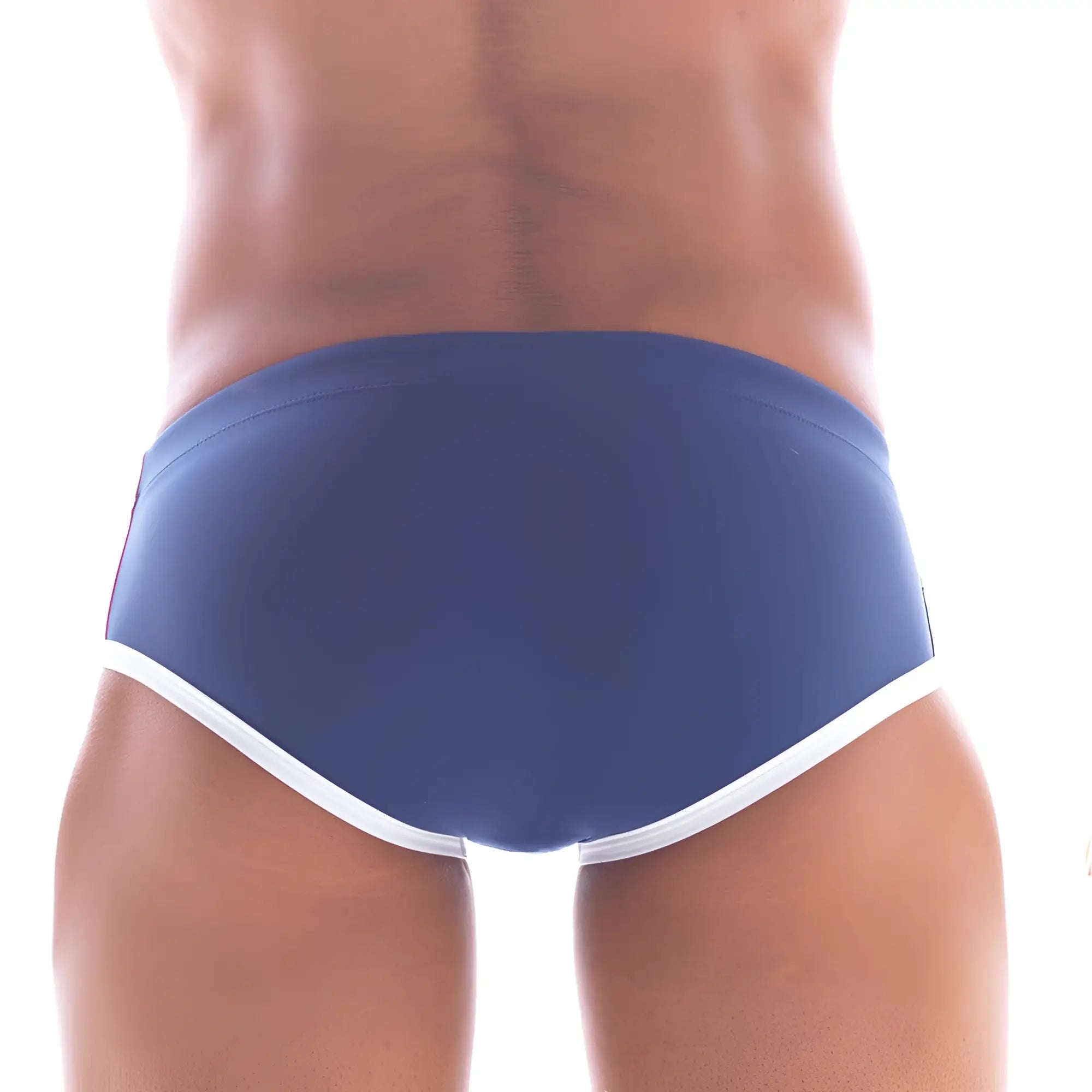 Navy blue MetroMaleWear wave swim brief with white trim designed for comfortable swimwear use