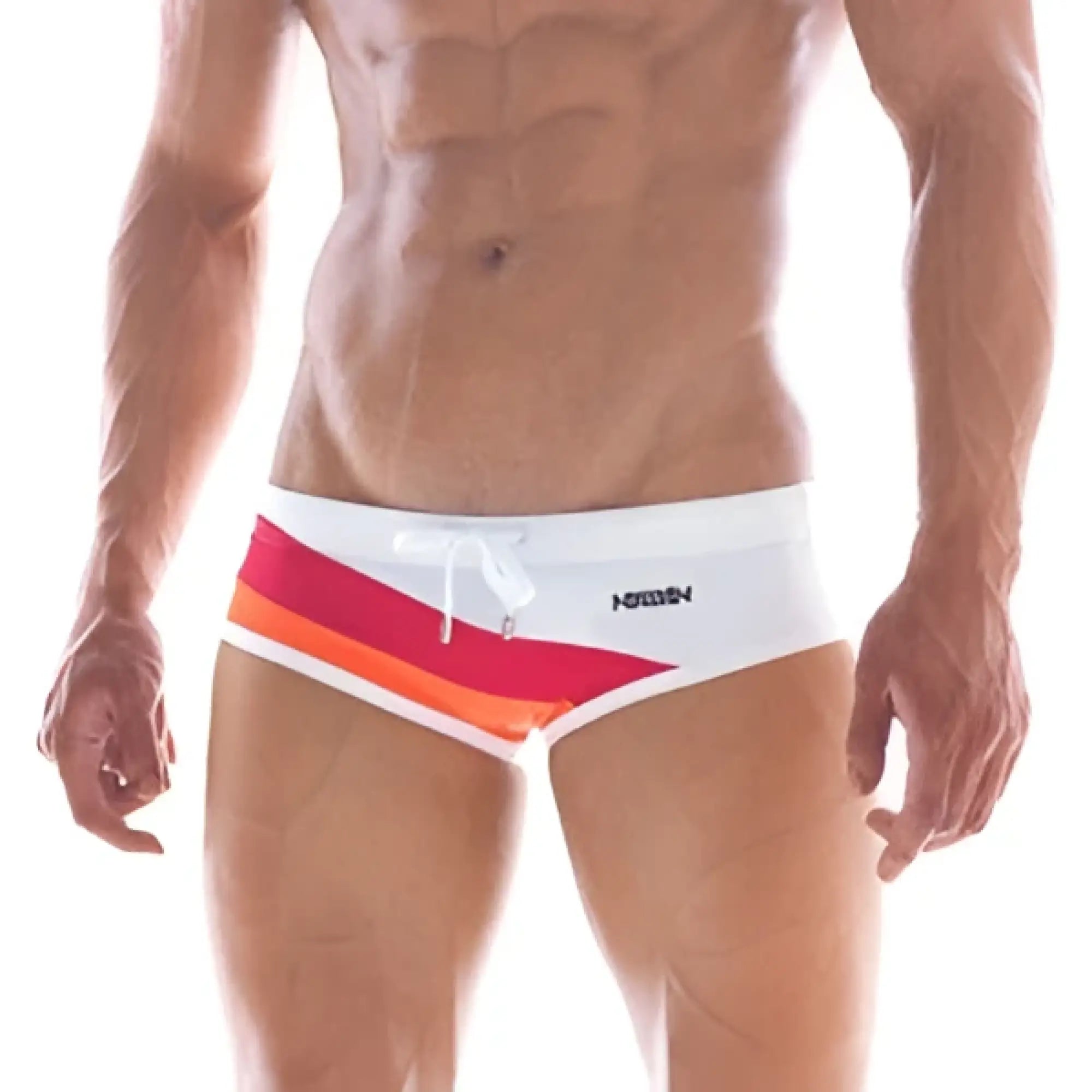 White metroMalewear wave swim brief with a vibrant red orange and yellow striped waistband band