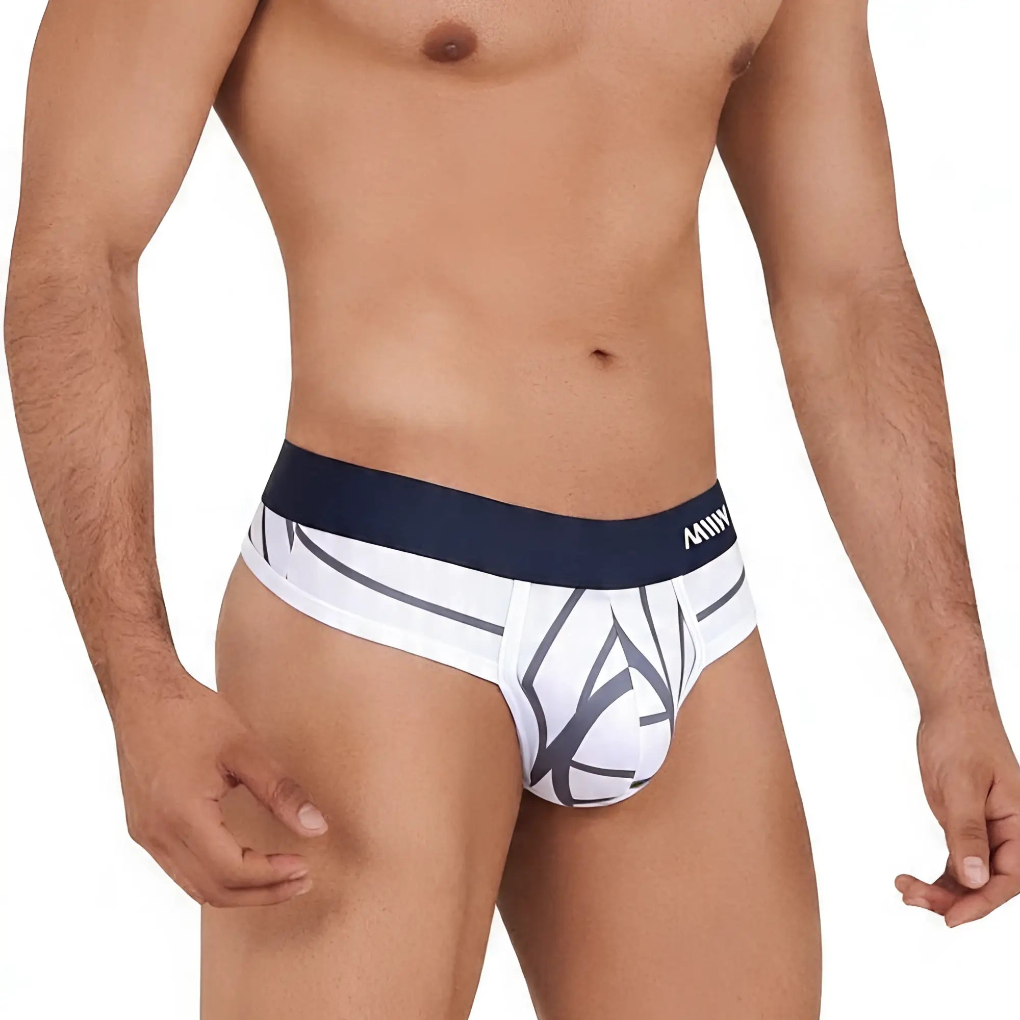 White briefs with navy blue waistband and dark gray geometric lines from MetroMaleWear web thong 5012-40 collection