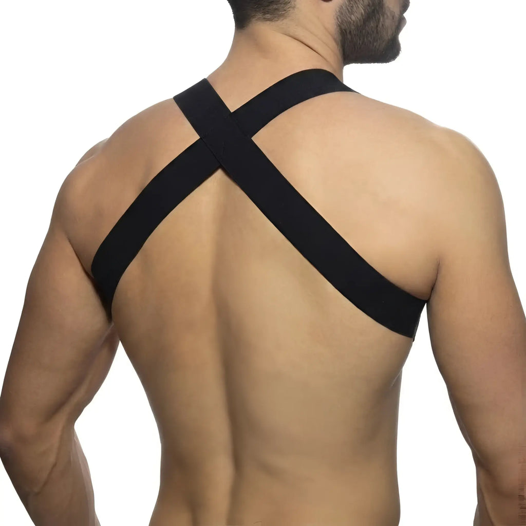 Back view of metroMalewear winning harness black elastic strap featuring adjustable design for secure fit
