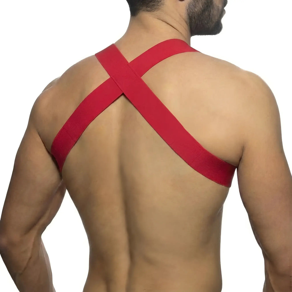 Metro malewear winning harness red elastic strap garment showing red cross-back design on the back side