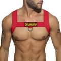 Red fabric MetroMaleWear WINNING harness with yellow and black patch and metal ring for stylish wear and support