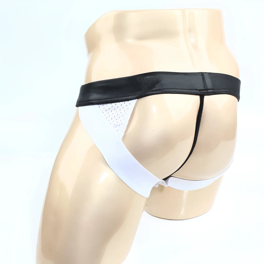 MetroMaleWear Wonder Jock Strap 2001-73 black and white thong with shiny waistband mesh sides and thin black straps