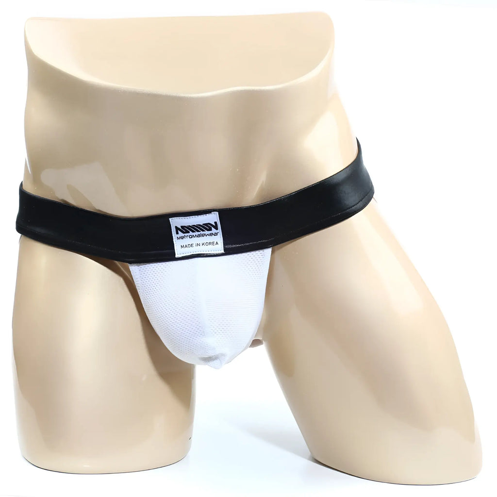 White mesh briefs with black leather-like waistband and anrby label from metroMalewear wonder jock strap 2001-73