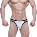 White and gray athletic briefs with black trim metro male wear xallas bikini black 5113-40 front view