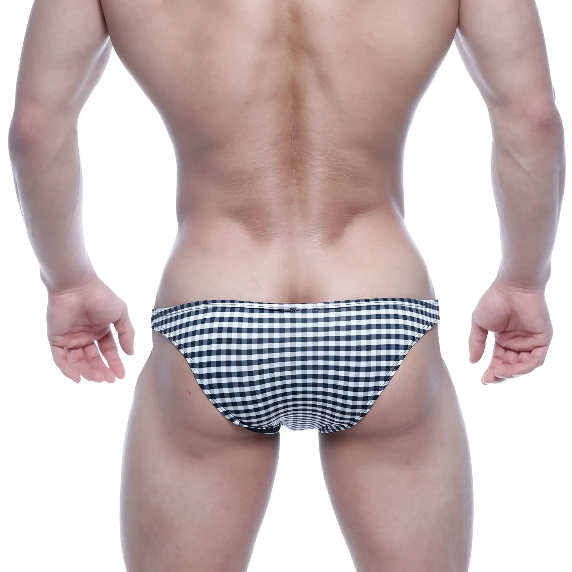 MetroMalewear Xtreme bikini black plaid swim trunks featuring black and white checkered pattern for active wear