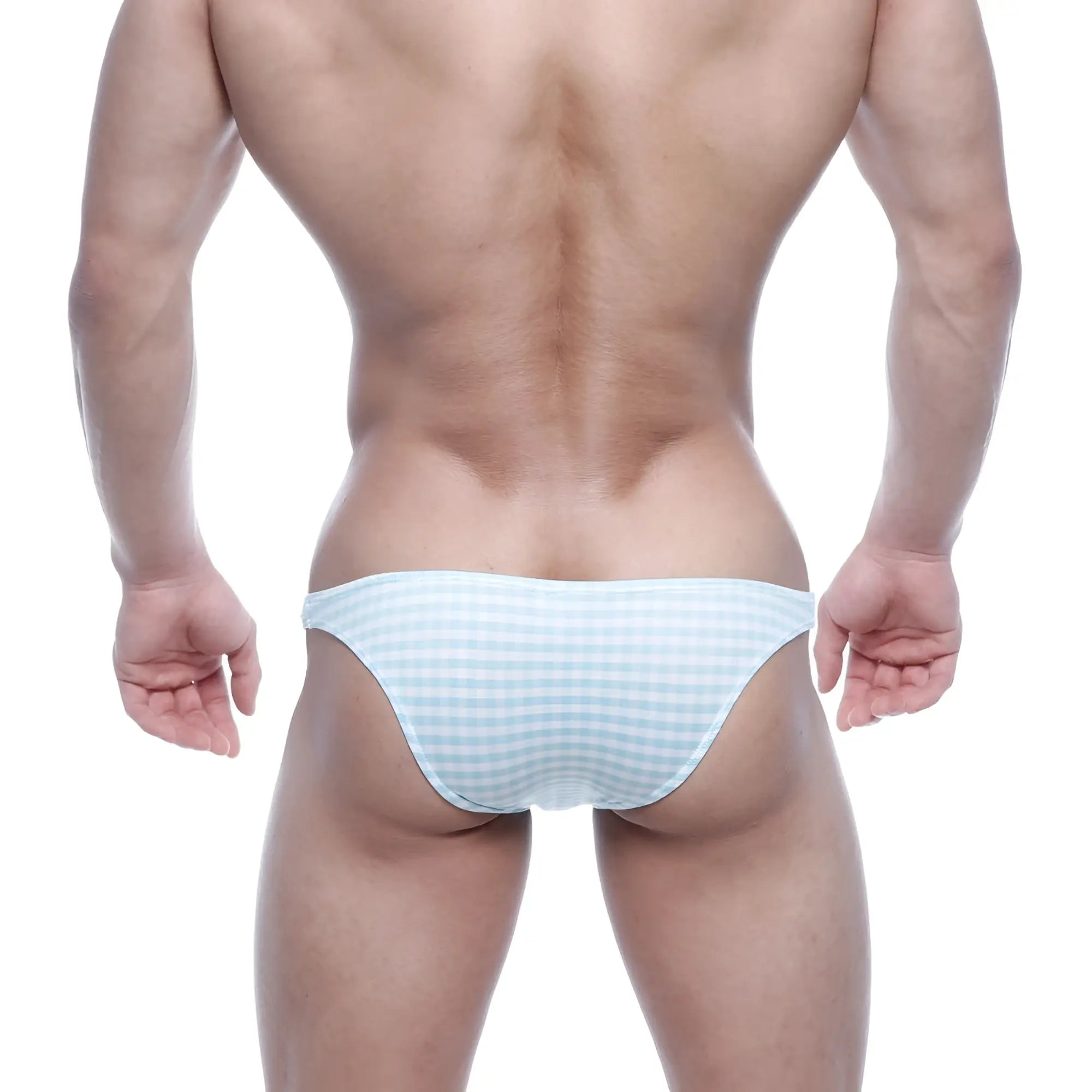Light blue and white checkered swim trunks by MetroMaleWear Xtreme bikini blue plaid 6005-43 for swimwear use