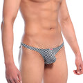 Black and white checkered men’s briefs with a small red logo on the waistband metroMalewear xtreme bikini mosaic 6005-40