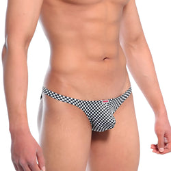 Black and white checkered men’s briefs with a small red logo on the waistband metroMalewear xtreme bikini mosaic 6005-40