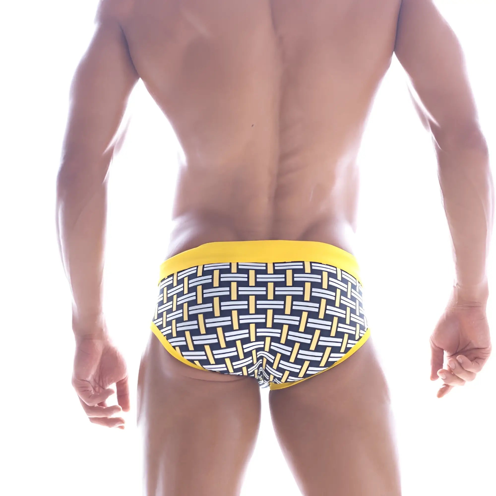 MetroMaleWear yellow colander swim brief 4916-31 with yellow and black patterned woven design swim trunks