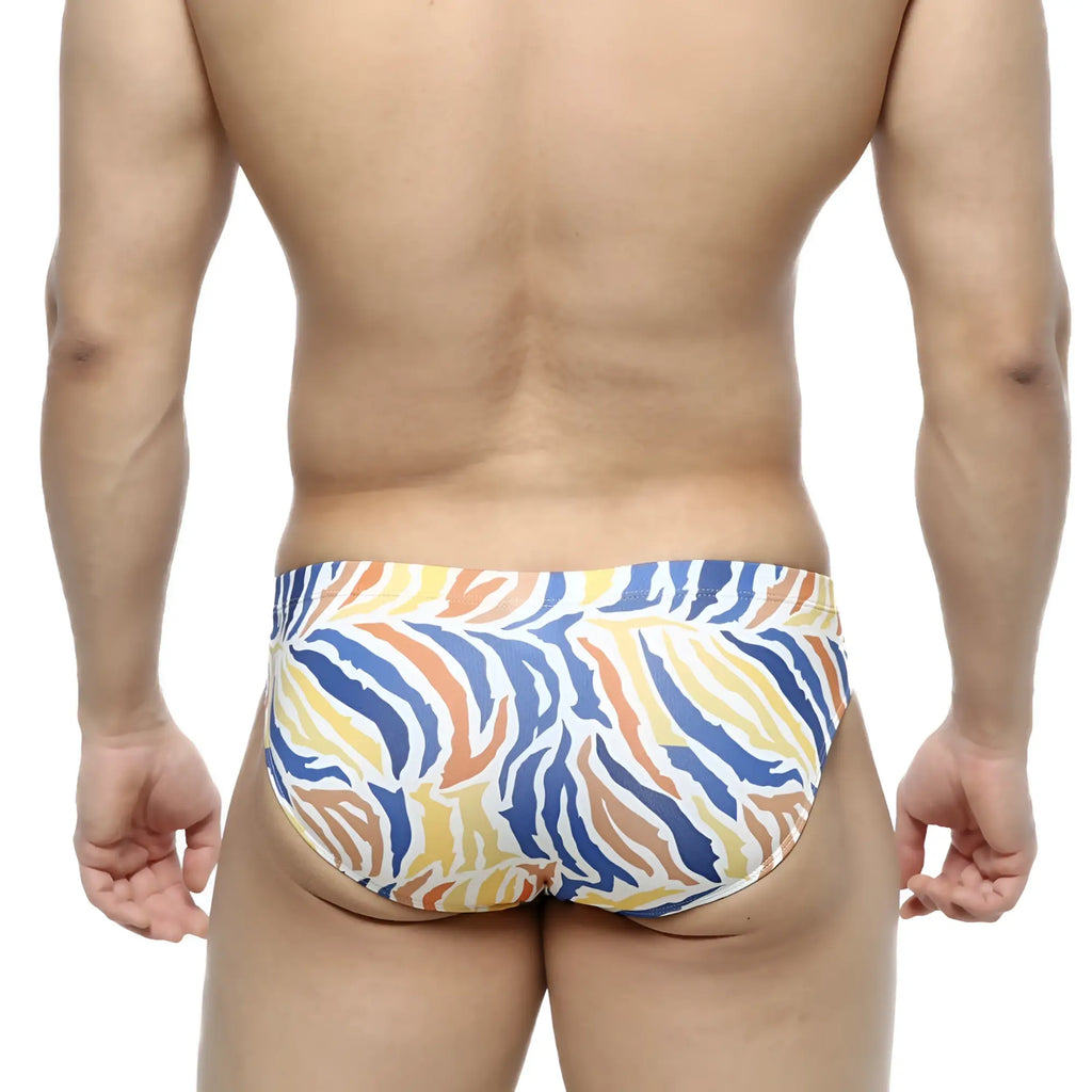 MetroMaleWear zebra bikini 5103-38 swim trunks with vibrant blue yellow and orange zebra-striped bold pattern
