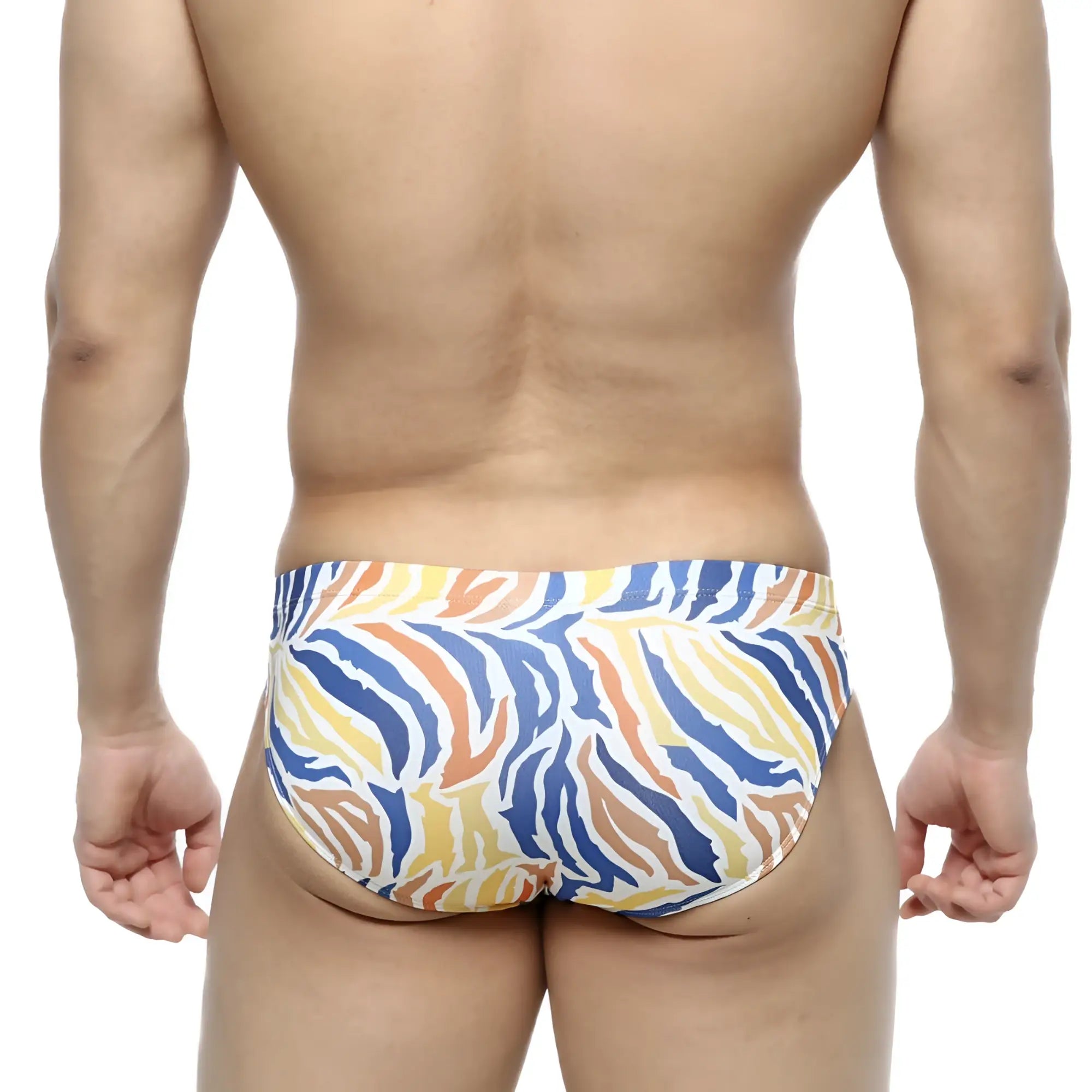 MetroMaleWear zebra bikini 5103-38 swim trunks with vibrant blue yellow and orange zebra-striped bold pattern