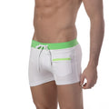 MetroMaleWear zipper swim boxer green 4912-07 white swim trunks with bright green waistband and matching zipper pocket