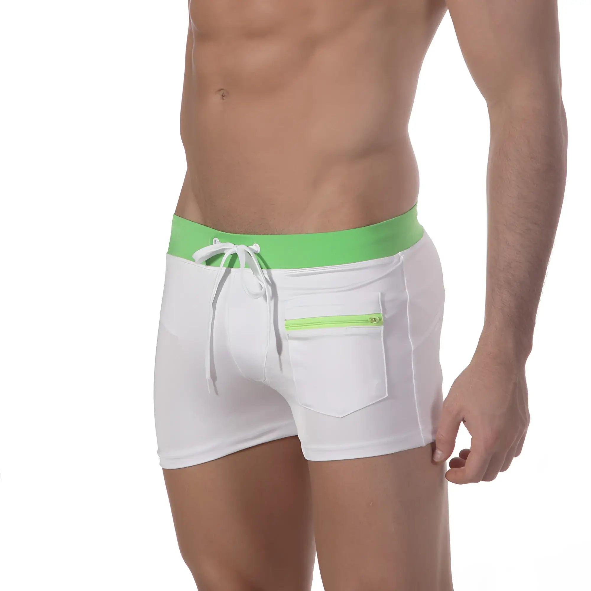 MetroMaleWear zipper swim boxer green 4912-07 white swim trunks with bright green waistband and matching zipper pocket
