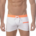 MetroMaleWear zipper swim boxer in white with bright orange waistband and zipper pocket featuring white drawstrings
