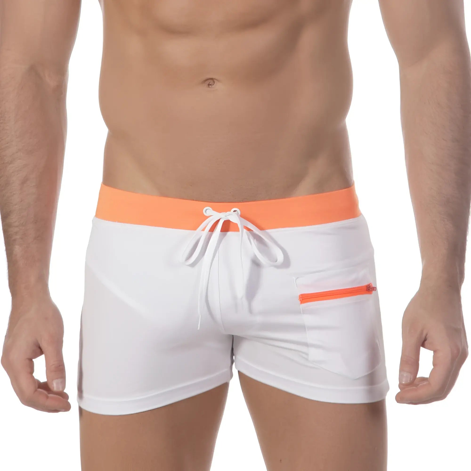 MetroMaleWear zipper swim boxer in white with bright orange waistband and zipper pocket featuring white drawstrings